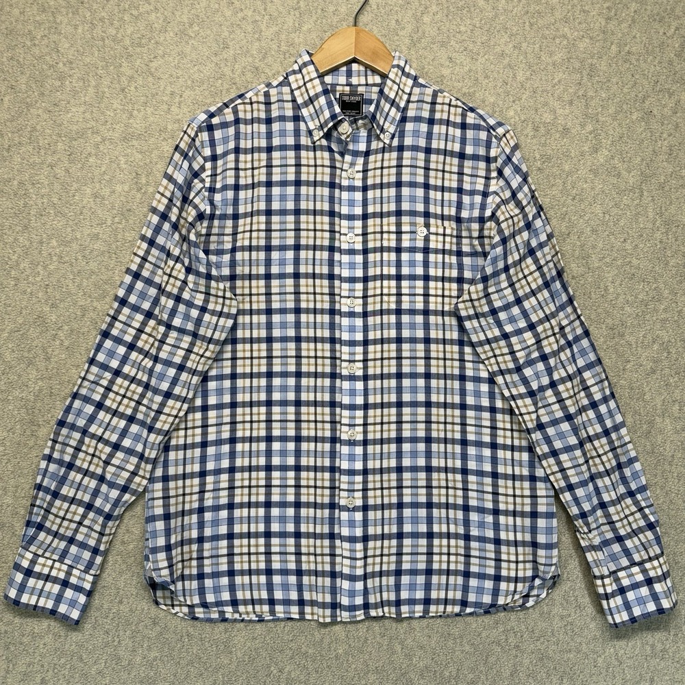 Todd Snyder Mens Medium Plaid Button Down‎ Shirt Blue White Tan Made in Portugal